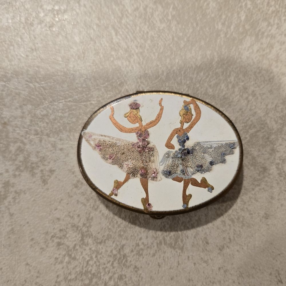 Vintage Ballerina Painted Brass Compact Or Box - Pink and Blue Ballerinas